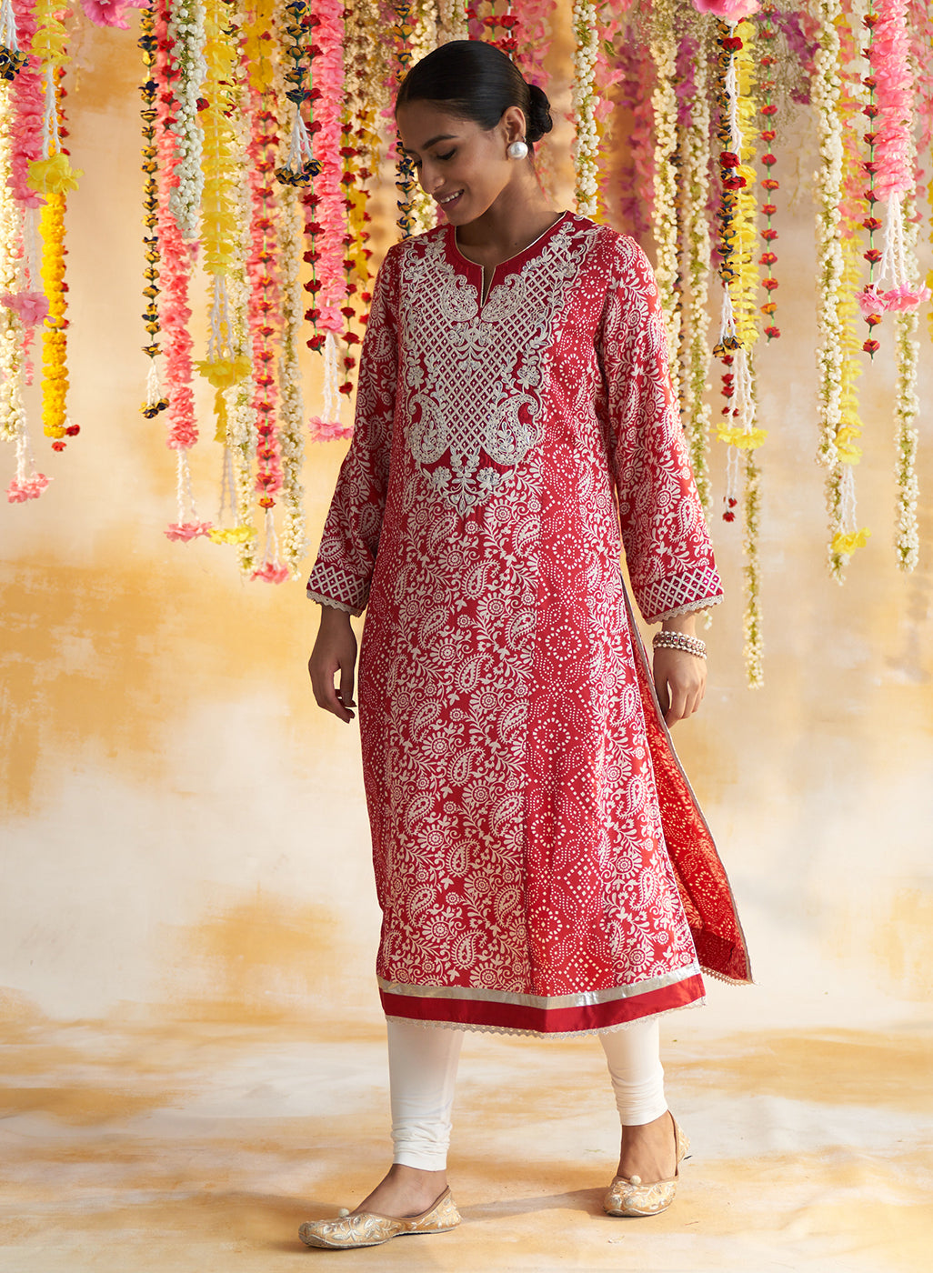 Red Printed Kurta With Embroidery &amp; Lace