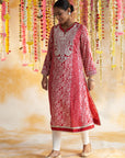 Red Printed Kurta With Embroidery & Lace