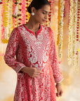 Red Printed Kurta With Embroidery & Lace