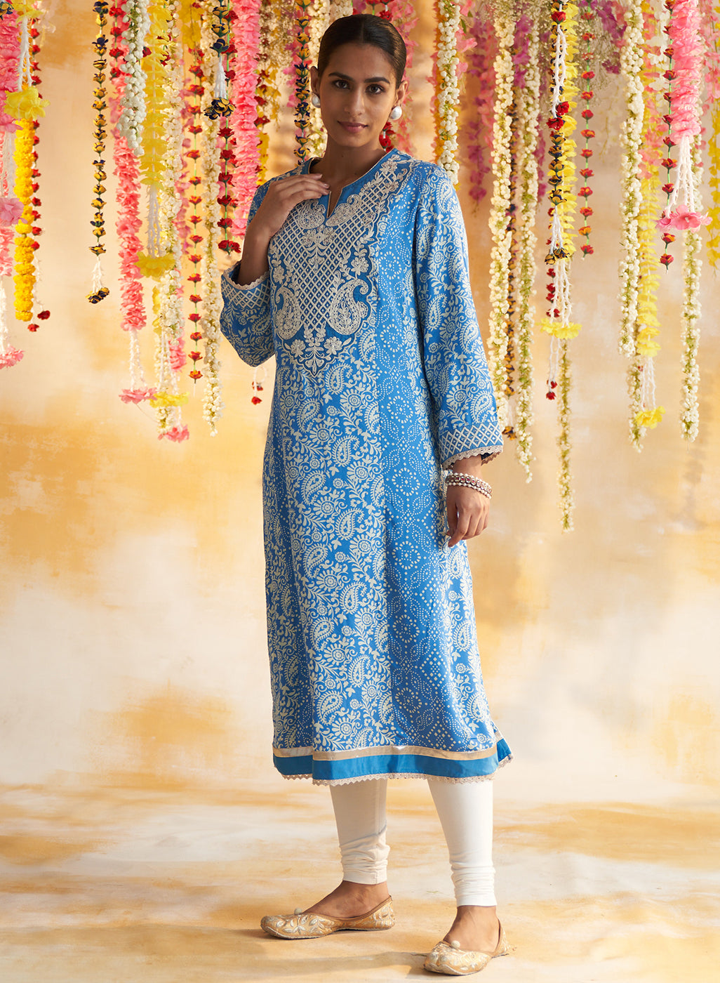 Blue Printed Kurta With Embroidery &amp; Lace
