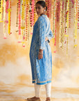 Blue Printed Kurta With Embroidery & Lace