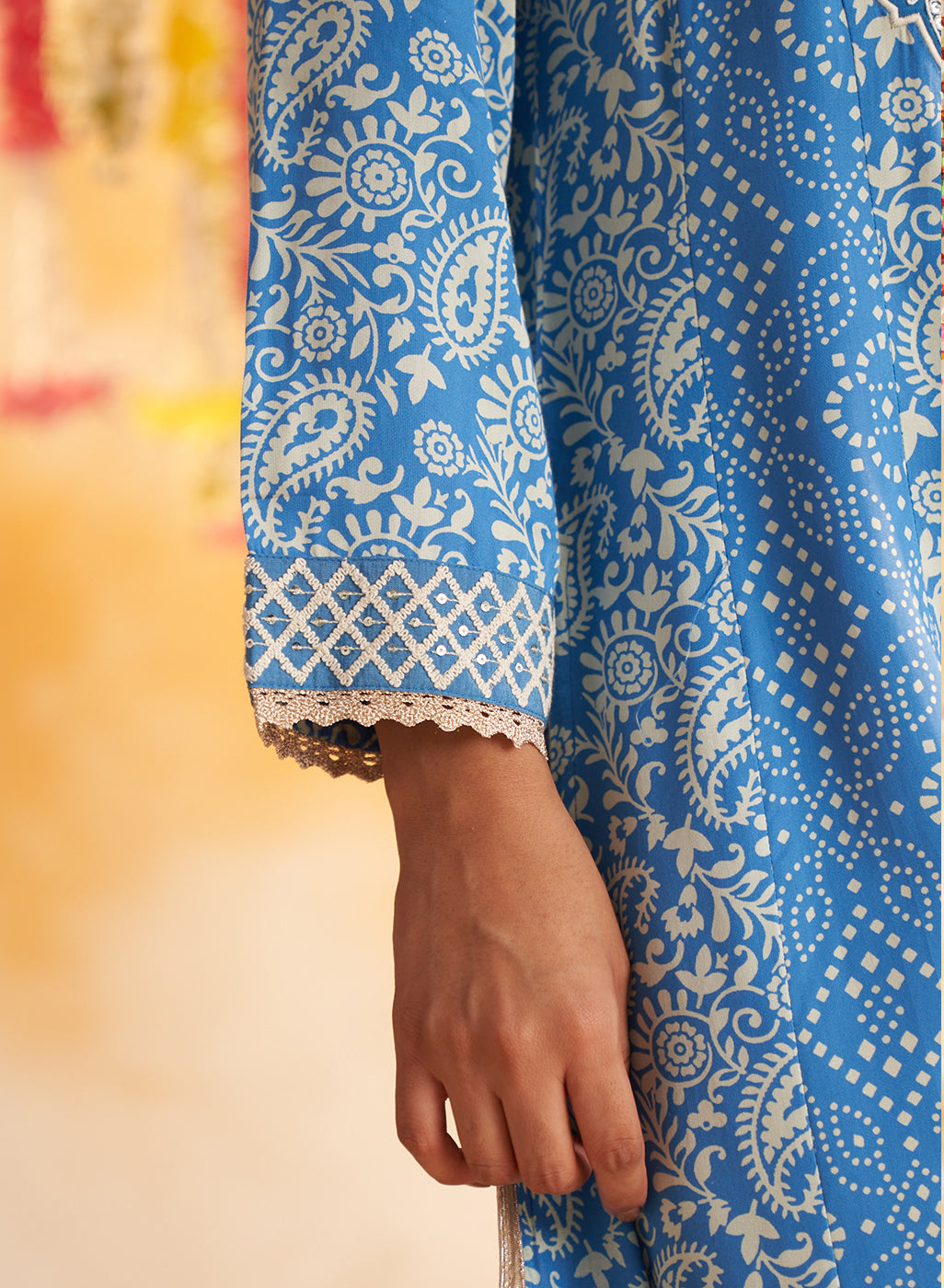 Blue Printed Kurta With Embroidery &amp; Lace
