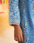 Blue Printed Kurta With Embroidery & Lace