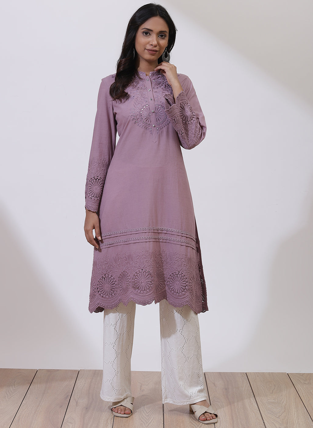 Lavender Alora Collection Embroidered Schiffli Kurta With Lace Detailing