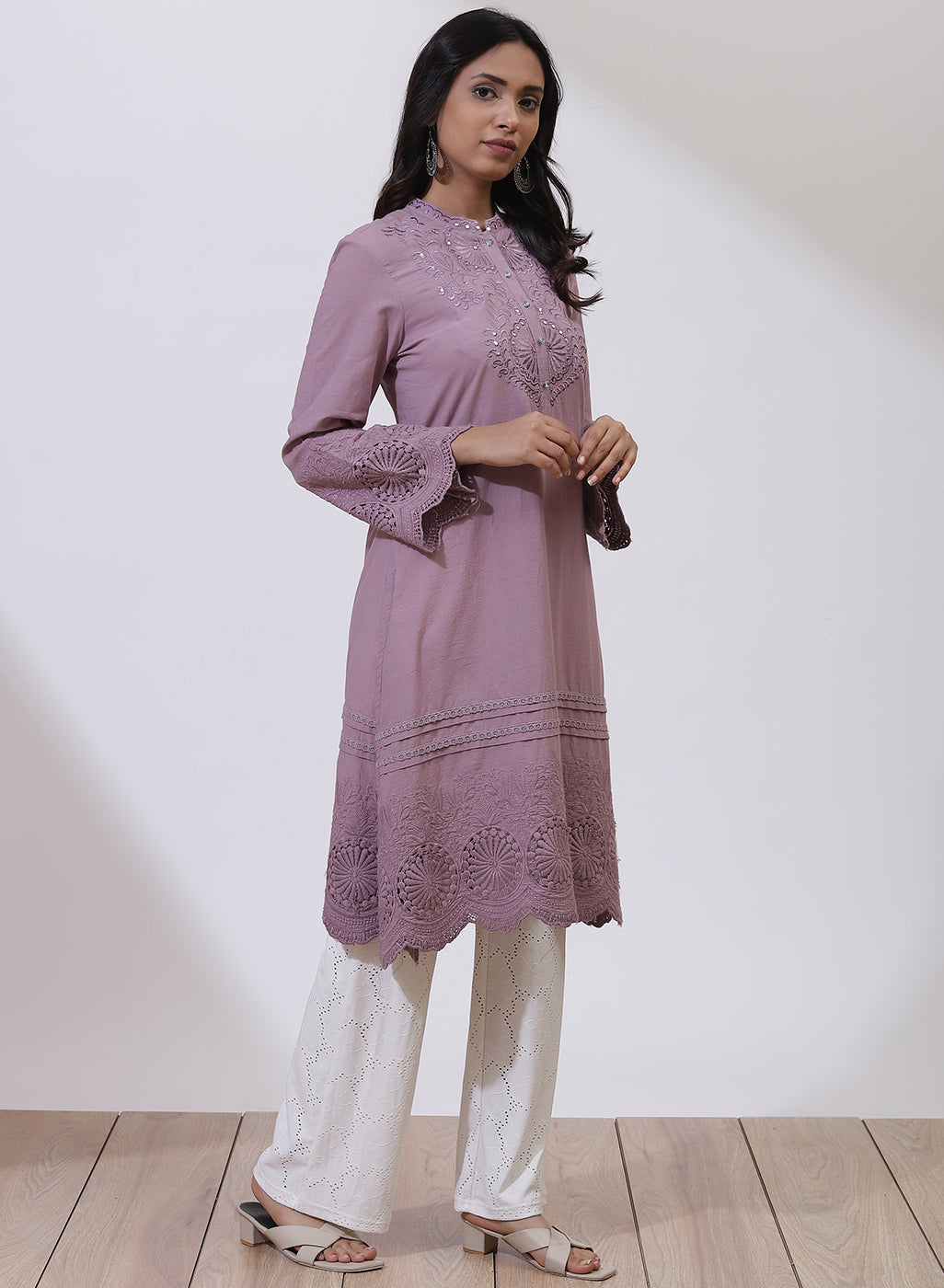 Lavender Alora Collection Embroidered Schiffli Kurta With Lace Detailing