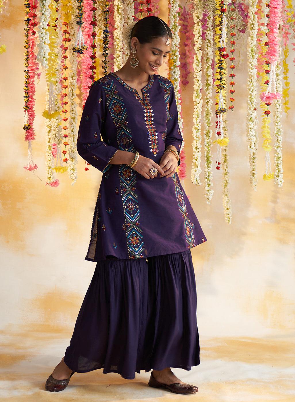 Purple Kurta Set With Multi-Colour Embroidery - Lakshita