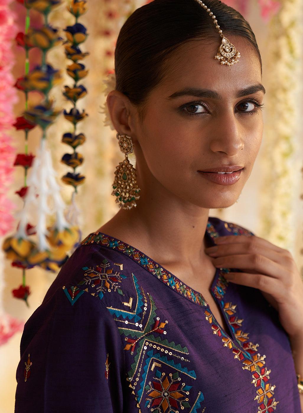 Purple Kurta Set With Multi-Colour Embroidery - Lakshita