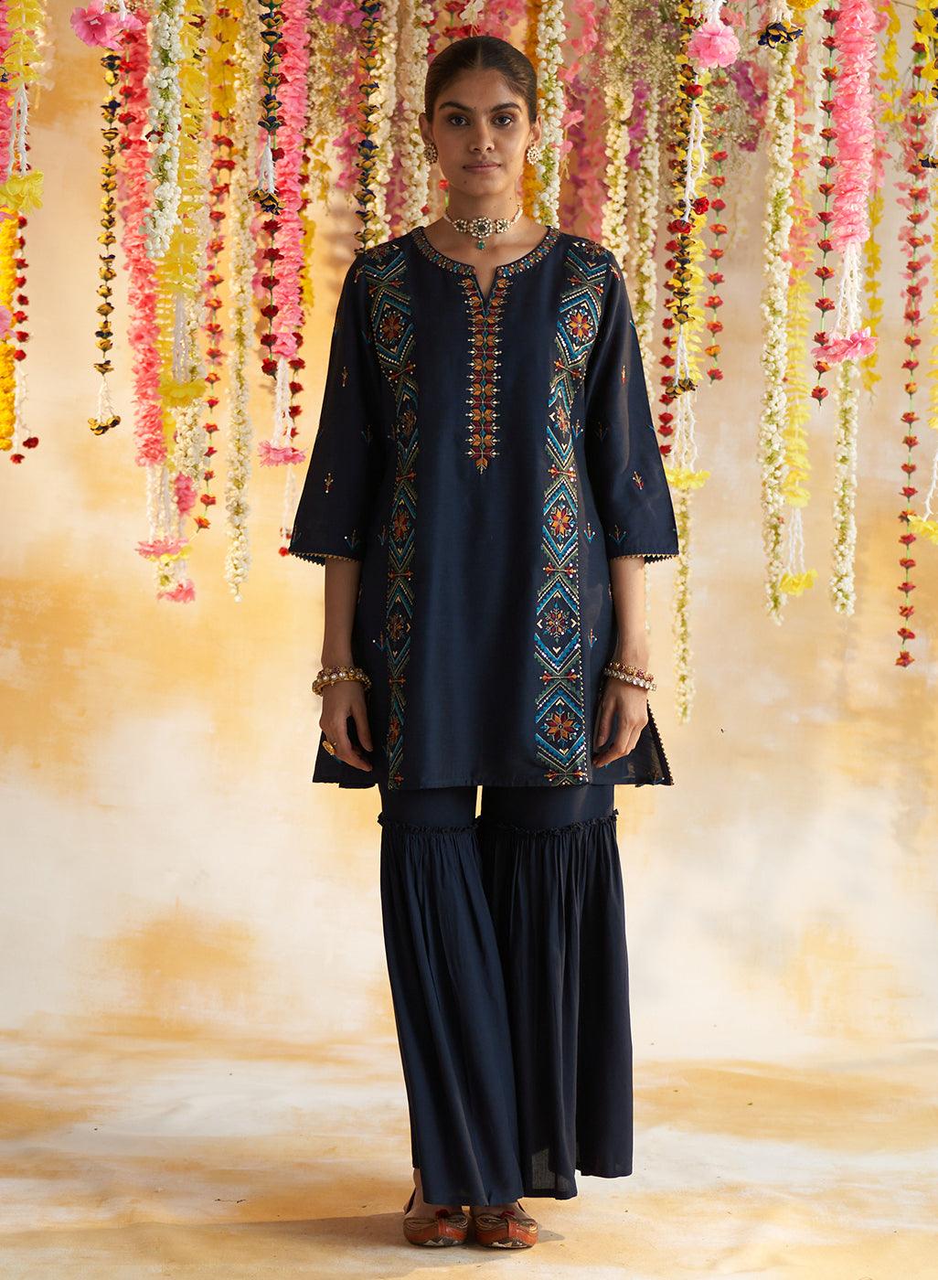 Blue Kurta Set With Multi-Colour Embroidery - Lakshita