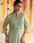 Self Light Green Kurta Set With Chain Stitch Embroidery - Lakshita
