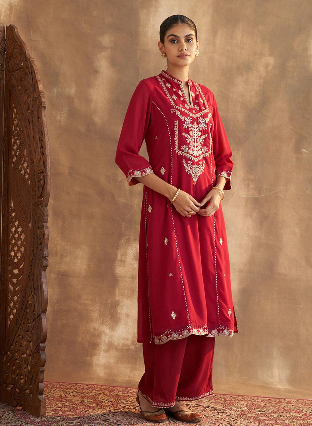 Red Kurta Set With Delicate Embroidery - Lakshita