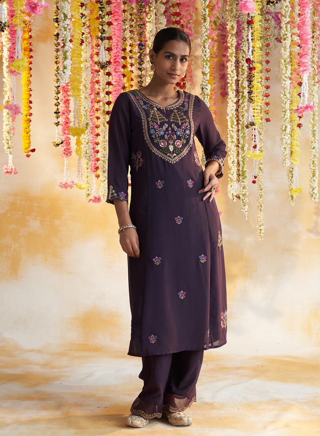 Purple Kurta Set With Heavy Embroidery - Lakshita