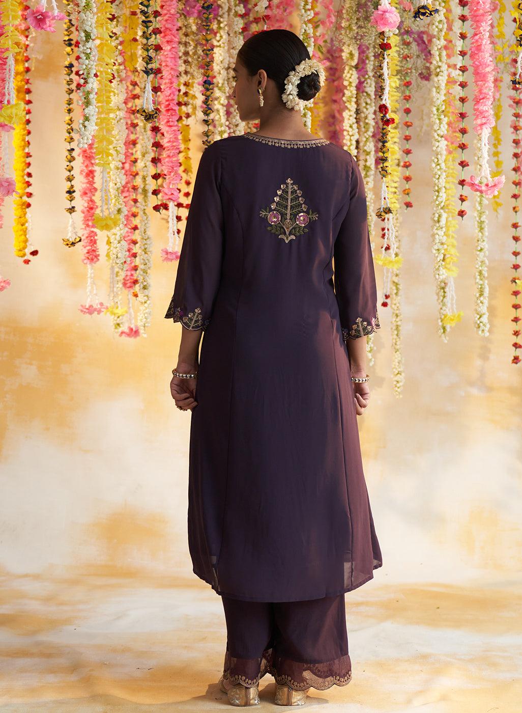 Purple Kurta Set With Heavy Embroidery - Lakshita