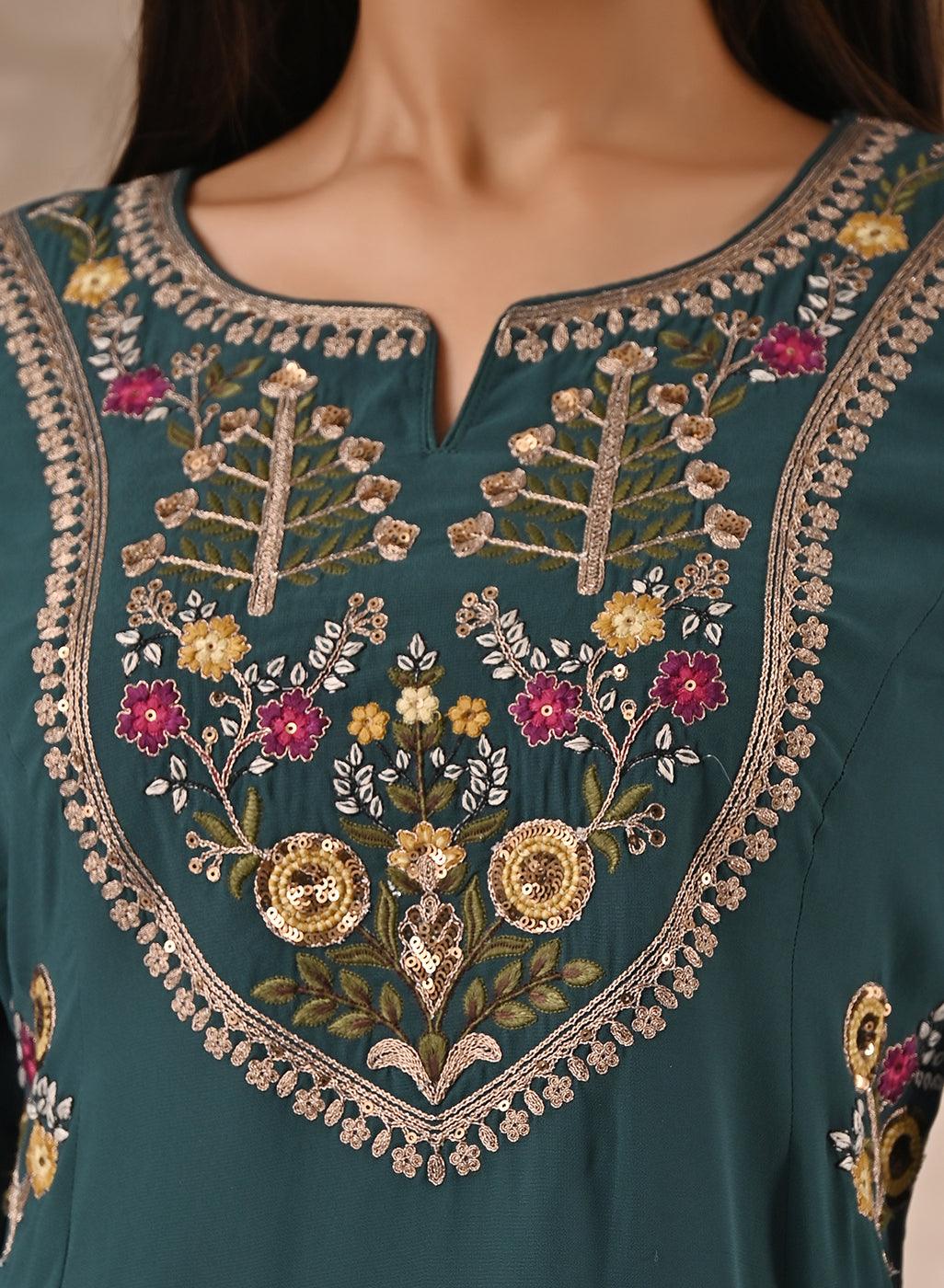 Teal Kurta Set With Heavy Embroidery - Lakshita