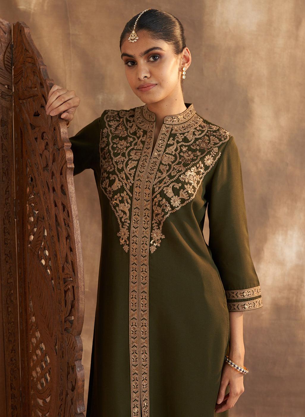 Olive Kurta Set With Intricate Embroidery & Front Slit - Lakshita