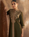 Olive Kurta Set With Intricate Embroidery & Front Slit - Lakshita