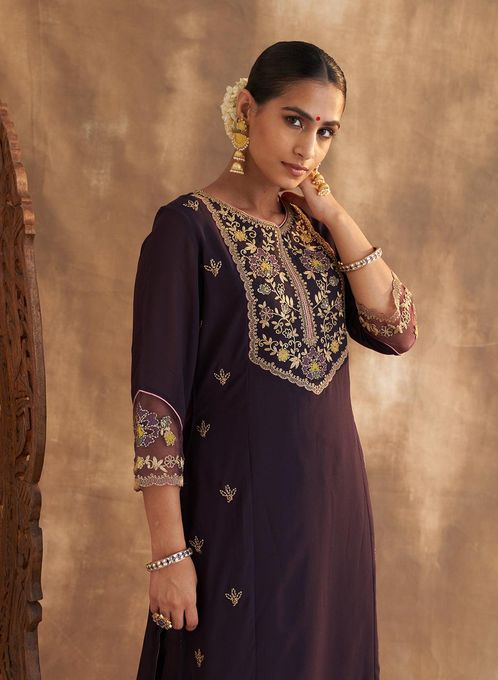 Purple Kurta Set With Embroidery - Lakshita