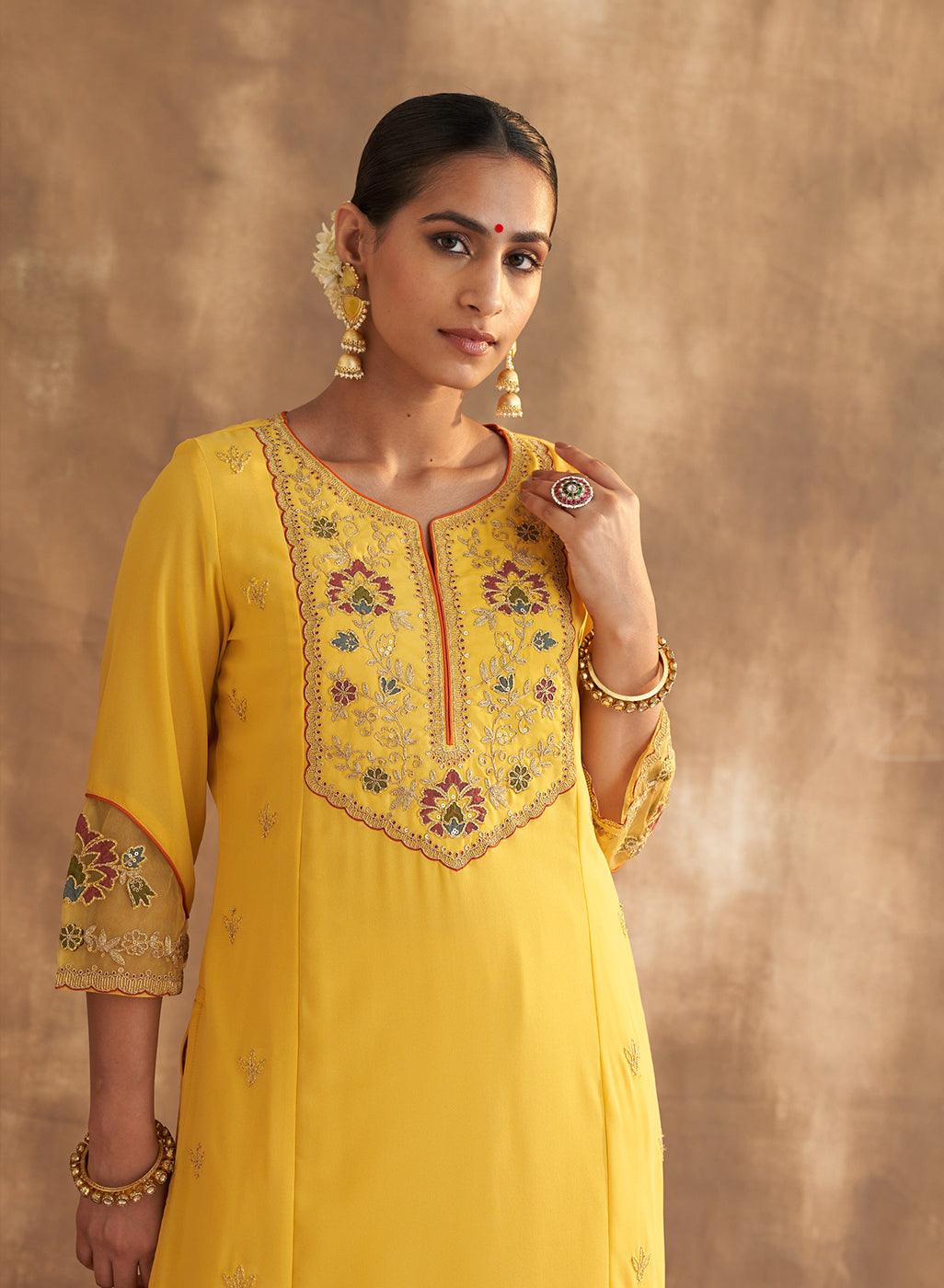 Daisy Yellow Kurta Set With Embroidery - Lakshita