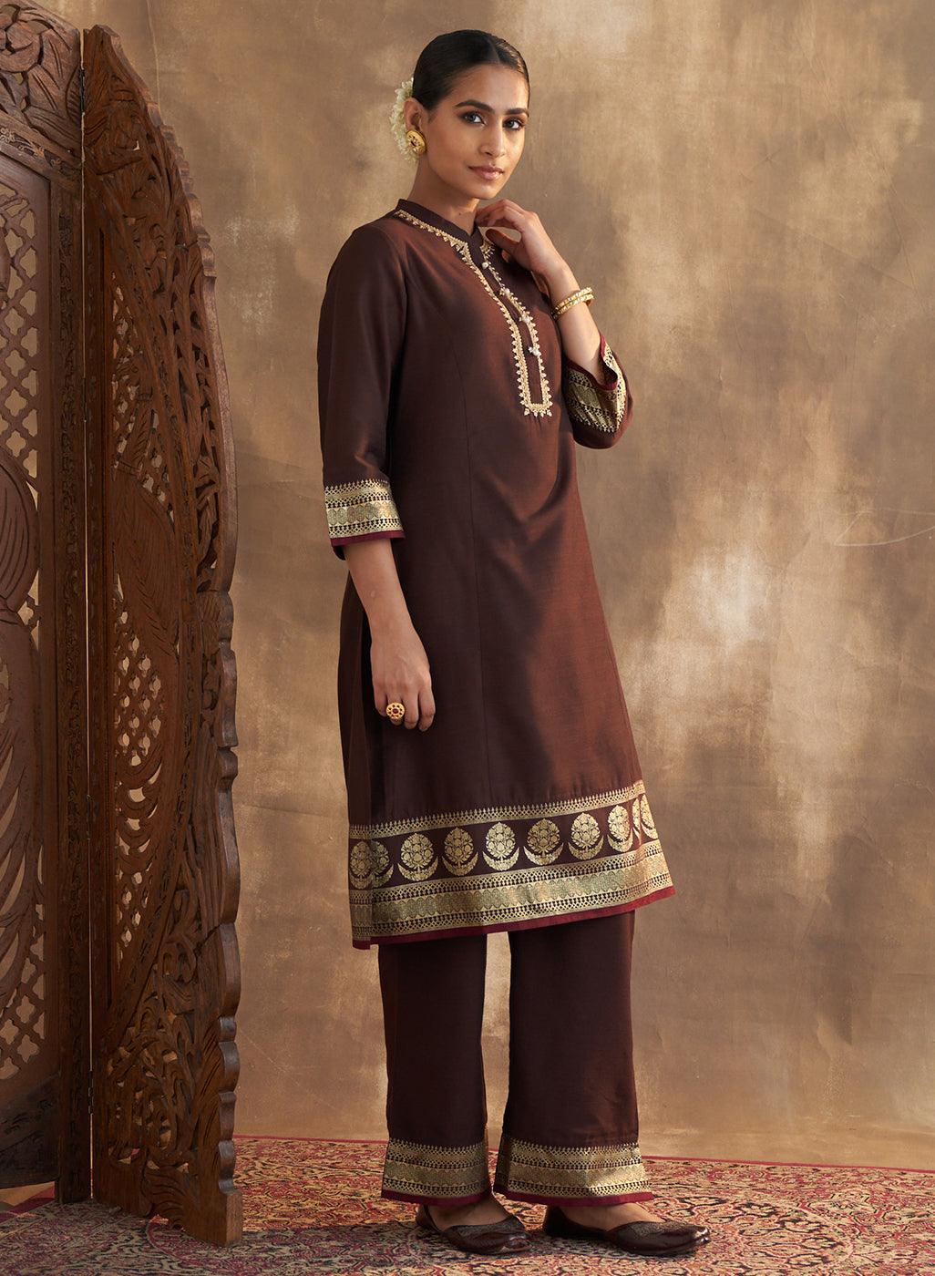 Brown Kurta Set With Delicate Embroidery - Lakshita