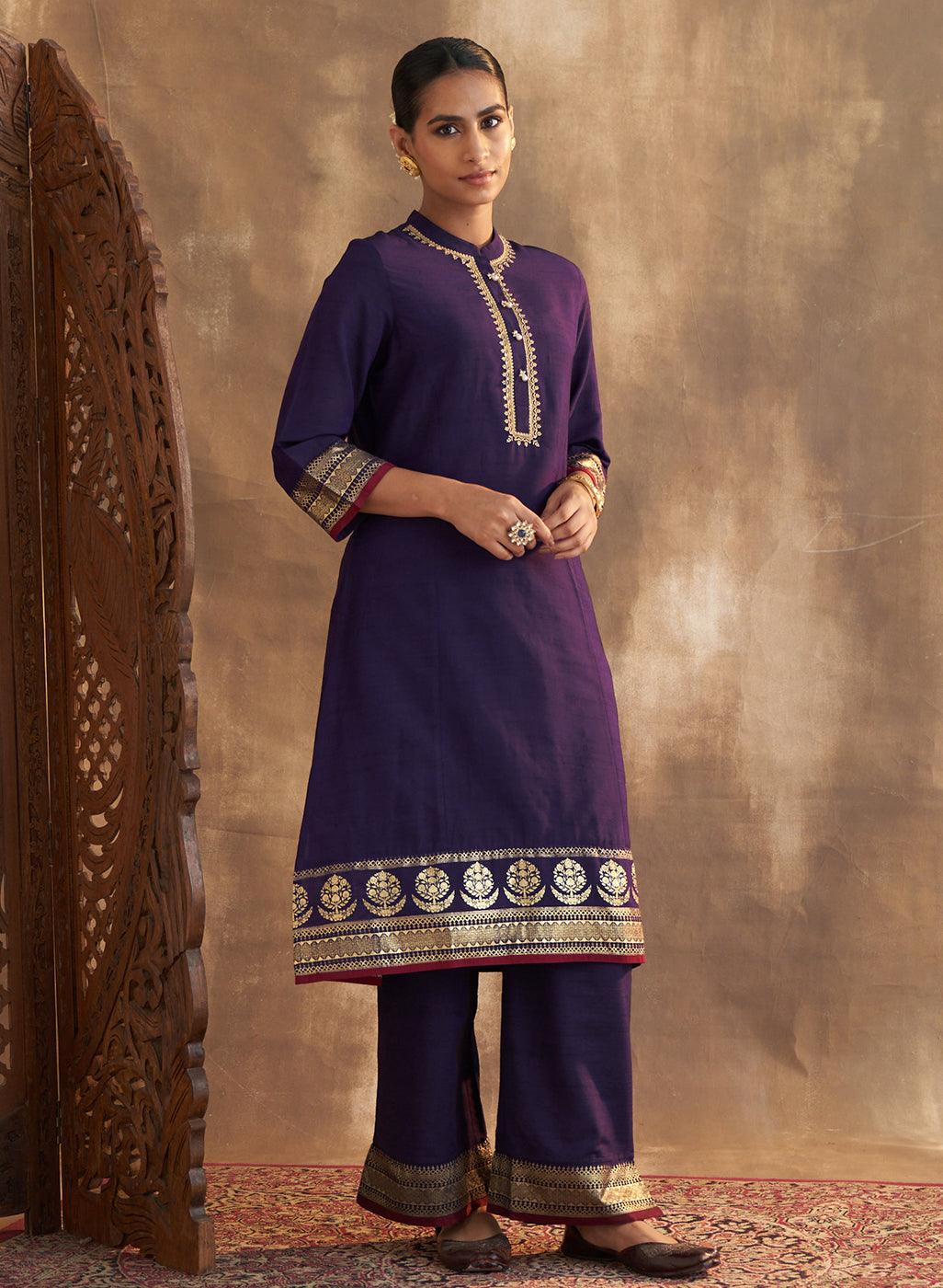 Purple Kurta Set With Delicate Embroidery - Lakshita