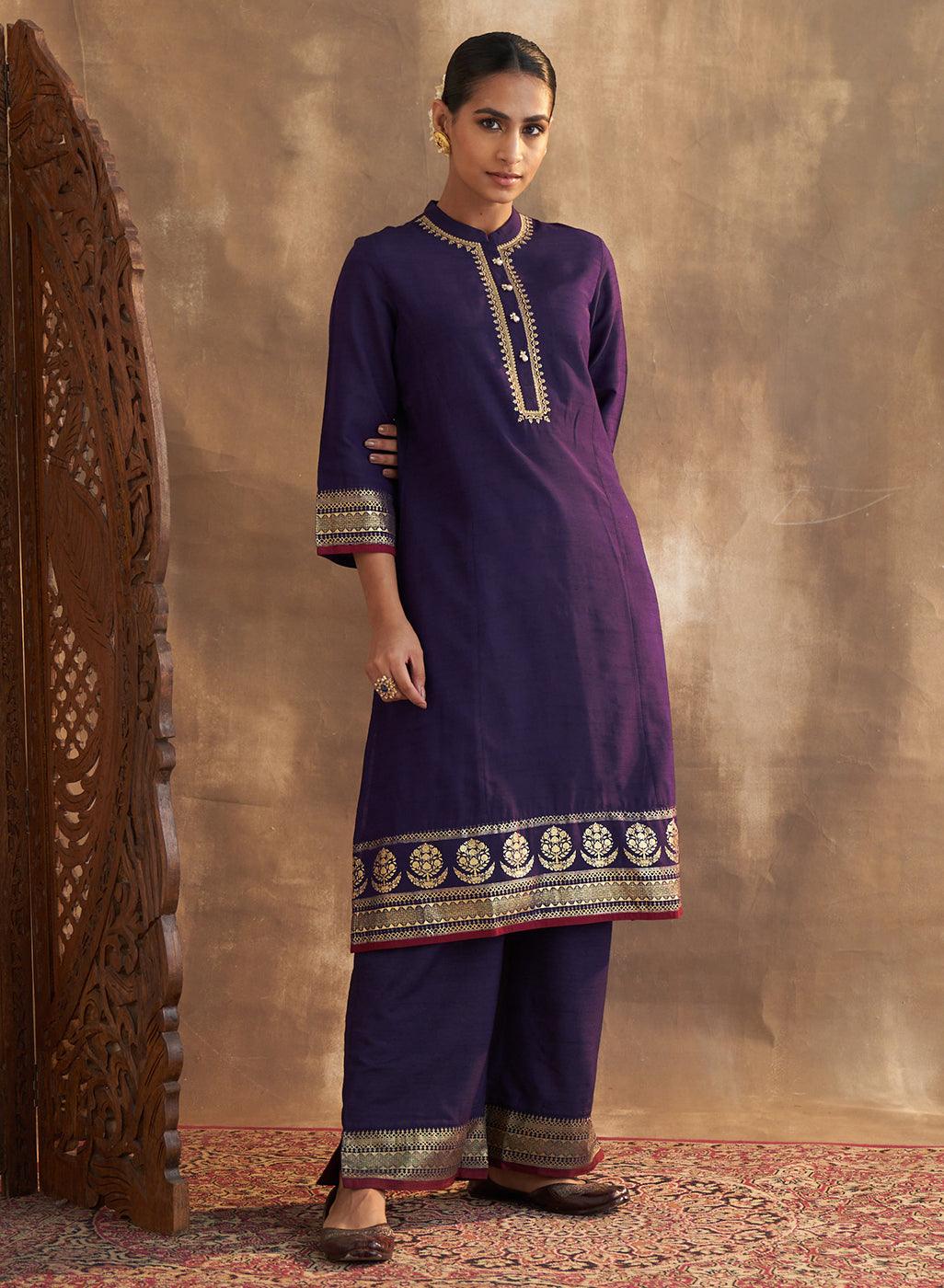 Purple Kurta Set With Delicate Embroidery - Lakshita