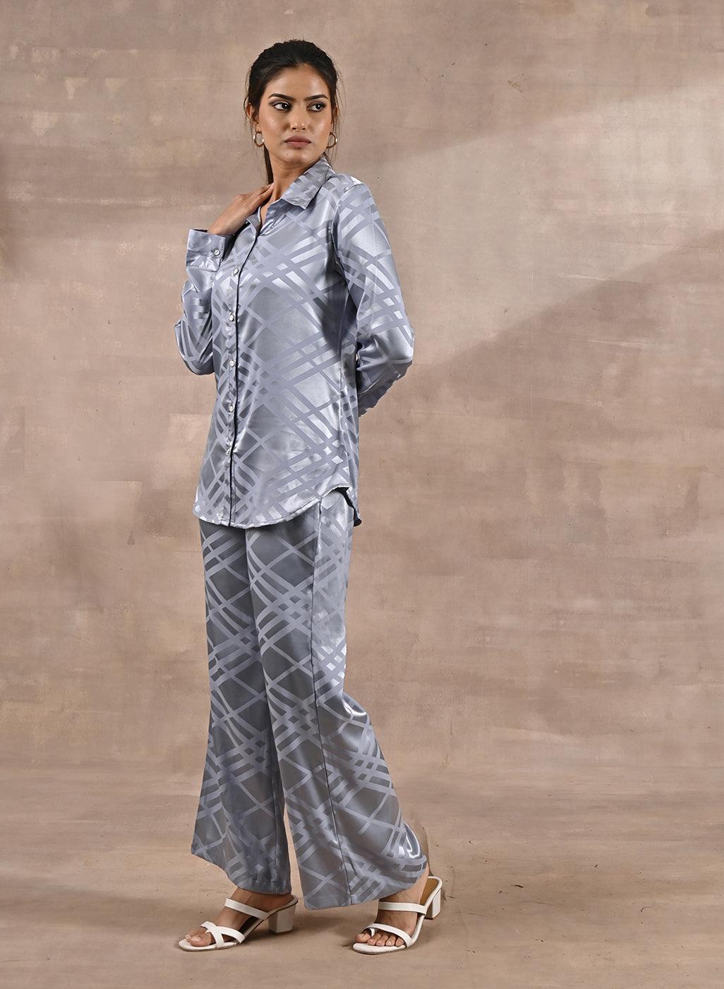 Grey Printed Striped Co-Ord Set - Lakshita