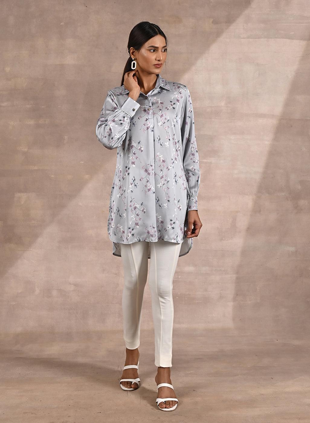 Grey Satin Shirt with Floral Print &amp; Round Hem - Lakshita