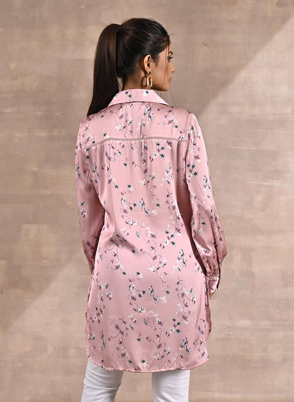 Pink Satin Shirt with Floral Print & Round Hem - Lakshita