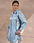 Blue Satin Shirt with Floral Print & Round Hem - Lakshita