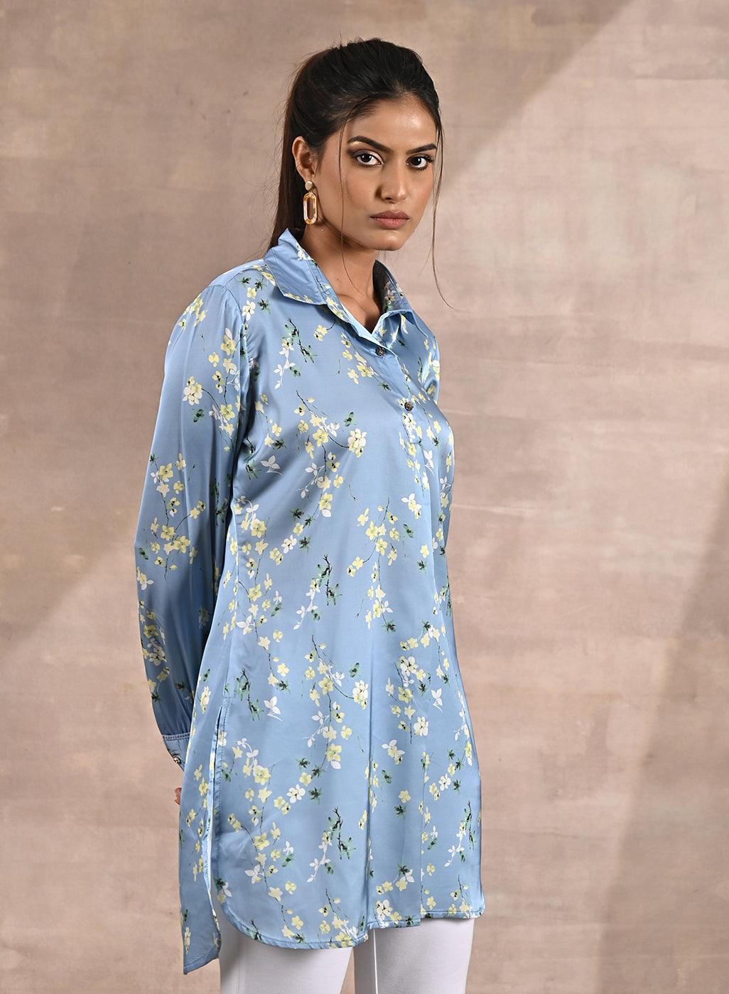 Blue Satin Shirt with Floral Print &amp; Round Hem - Lakshita