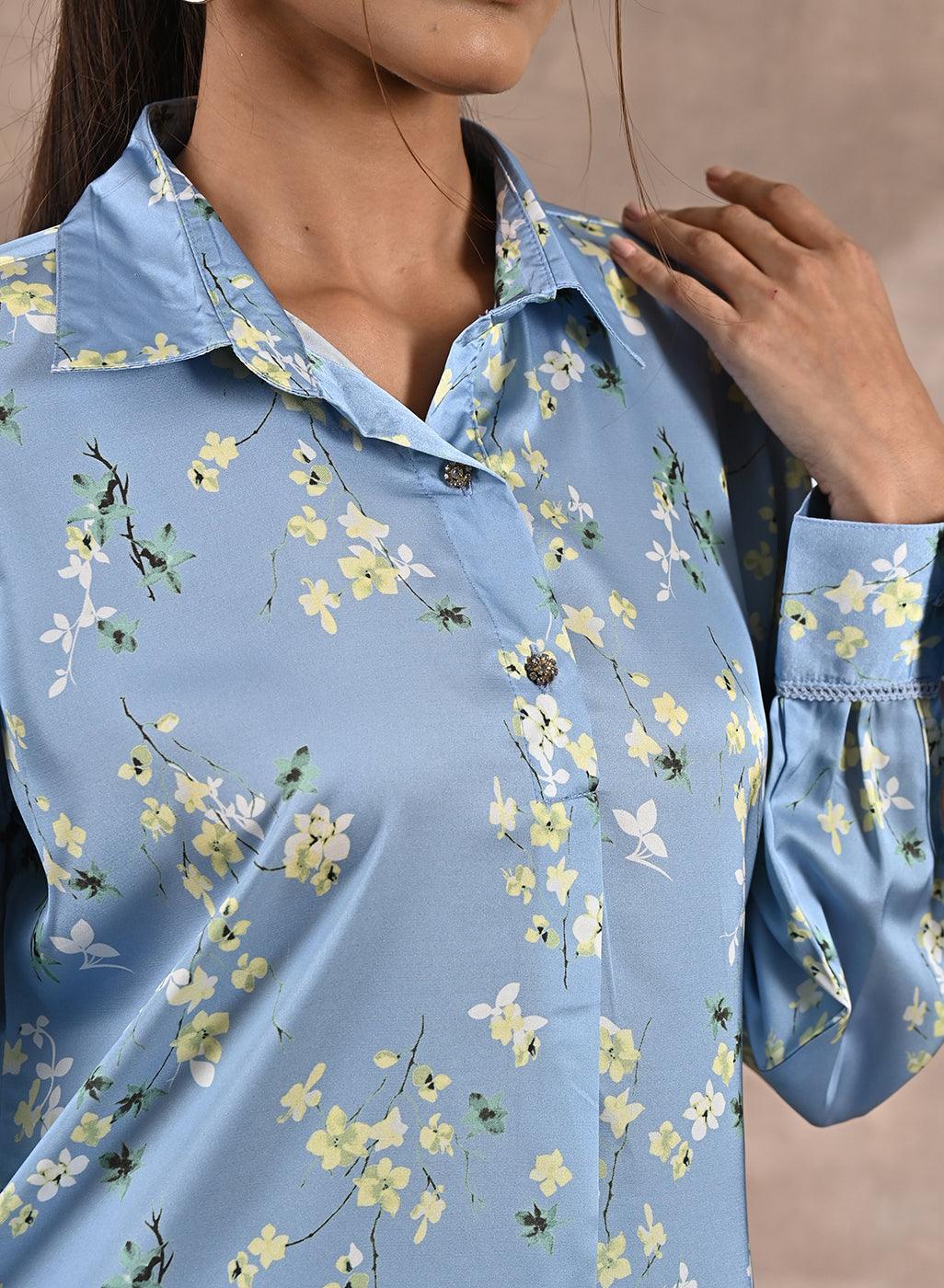 Blue Satin Shirt with Floral Print &amp; Round Hem - Lakshita