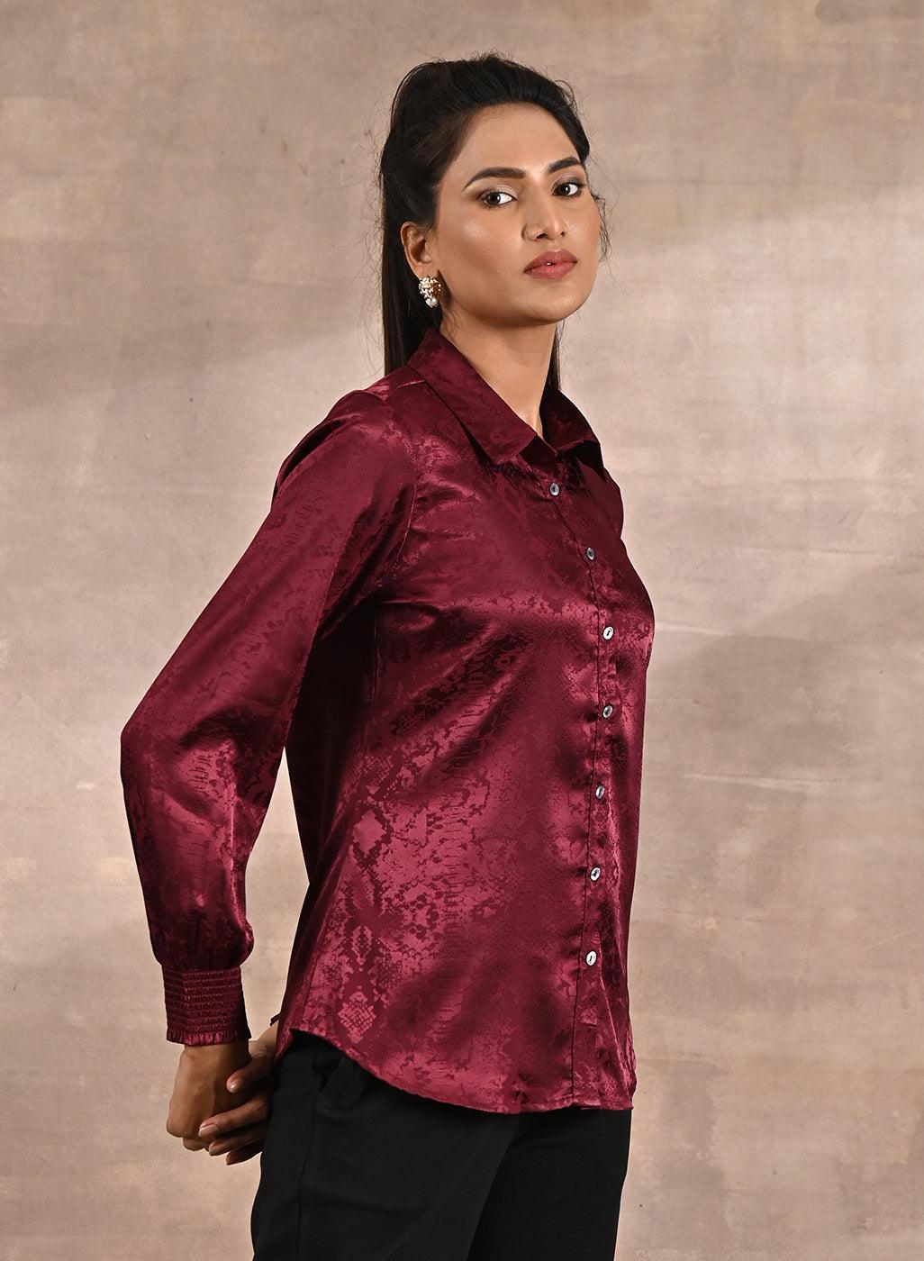 Maroon Aztec Printed Satin Shirt with Gathered Sleeves - Lakshita