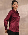 Maroon Aztec Printed Satin Shirt with Gathered Sleeves - Lakshita
