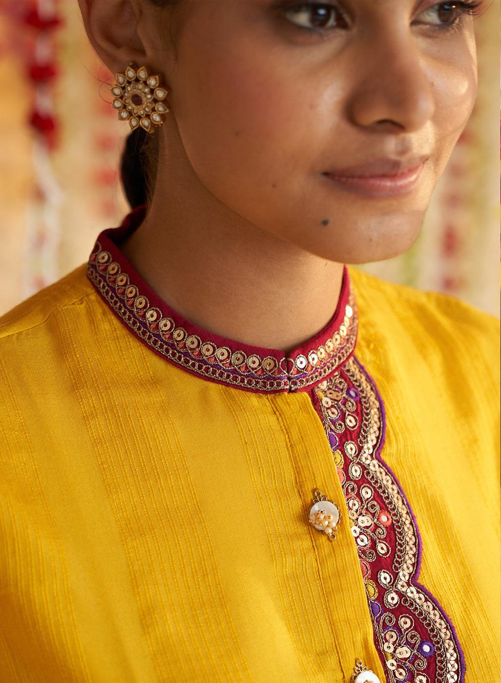 Sunset Yellow Solid Kurta Set With Embroidery - Lakshita
