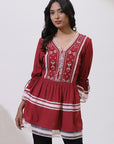 Red Tunic With Embroidery & Lace