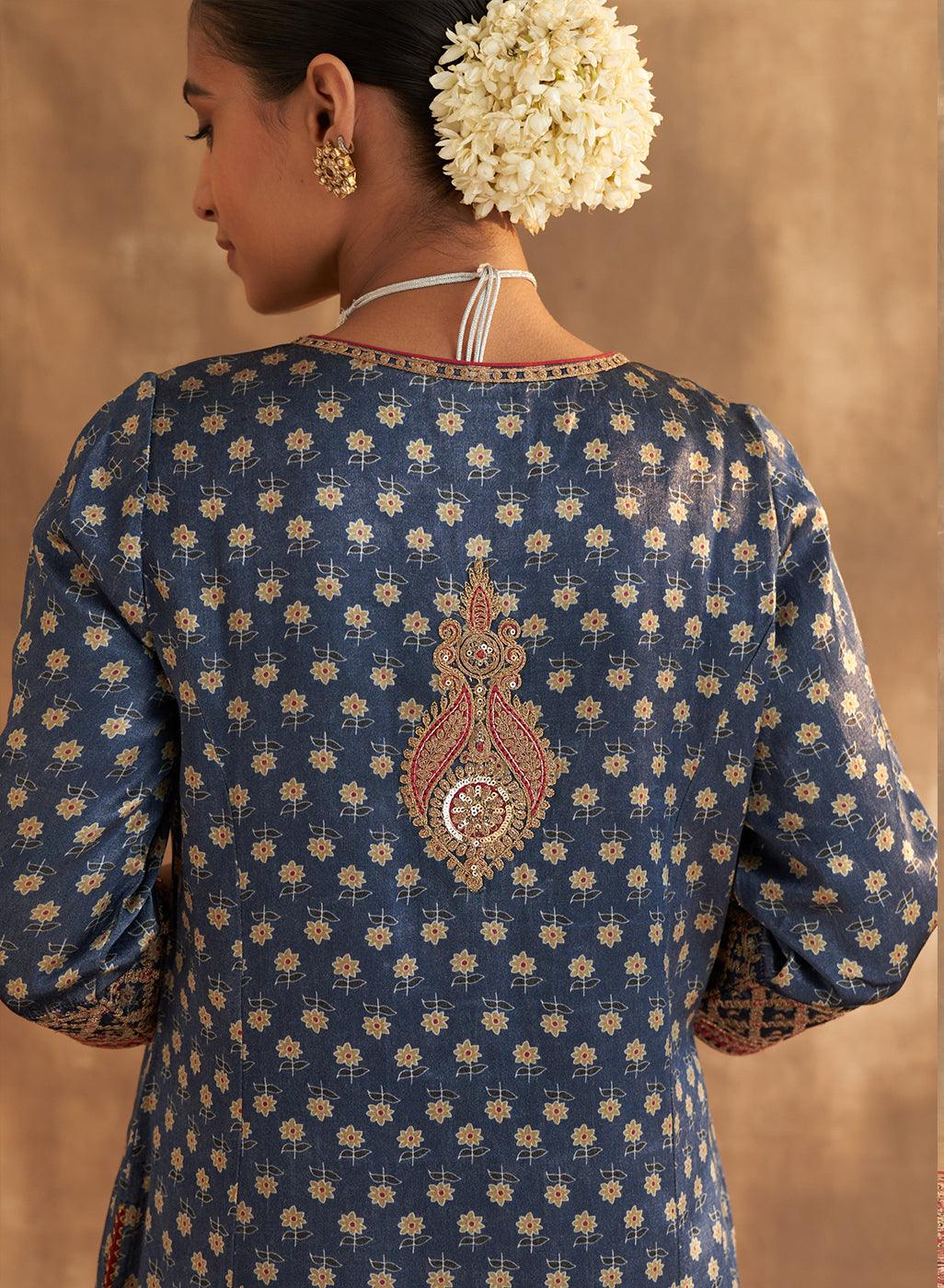 Navy Printed Kurta Set With Delicate Embroidery - Lakshita