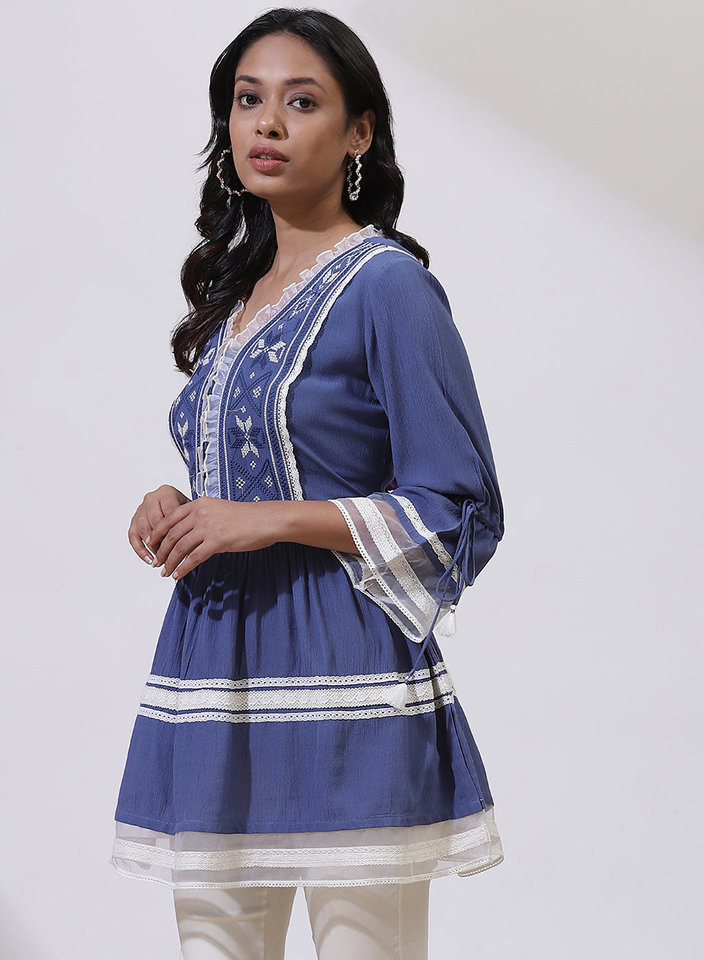 Blue Tunic With Embroidery &amp; Lace