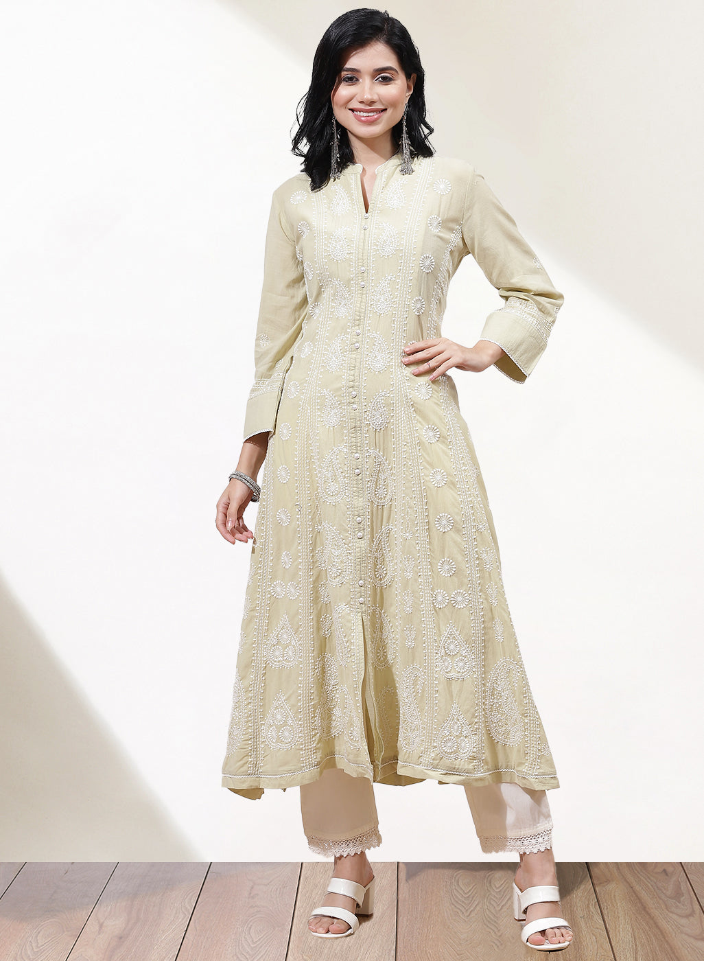 Buy Nayam By Lakshita Floral Embroidered V Neck Pure Cotton Chikankari  Kurti - Kurtis for Women 22412434 | Myntra