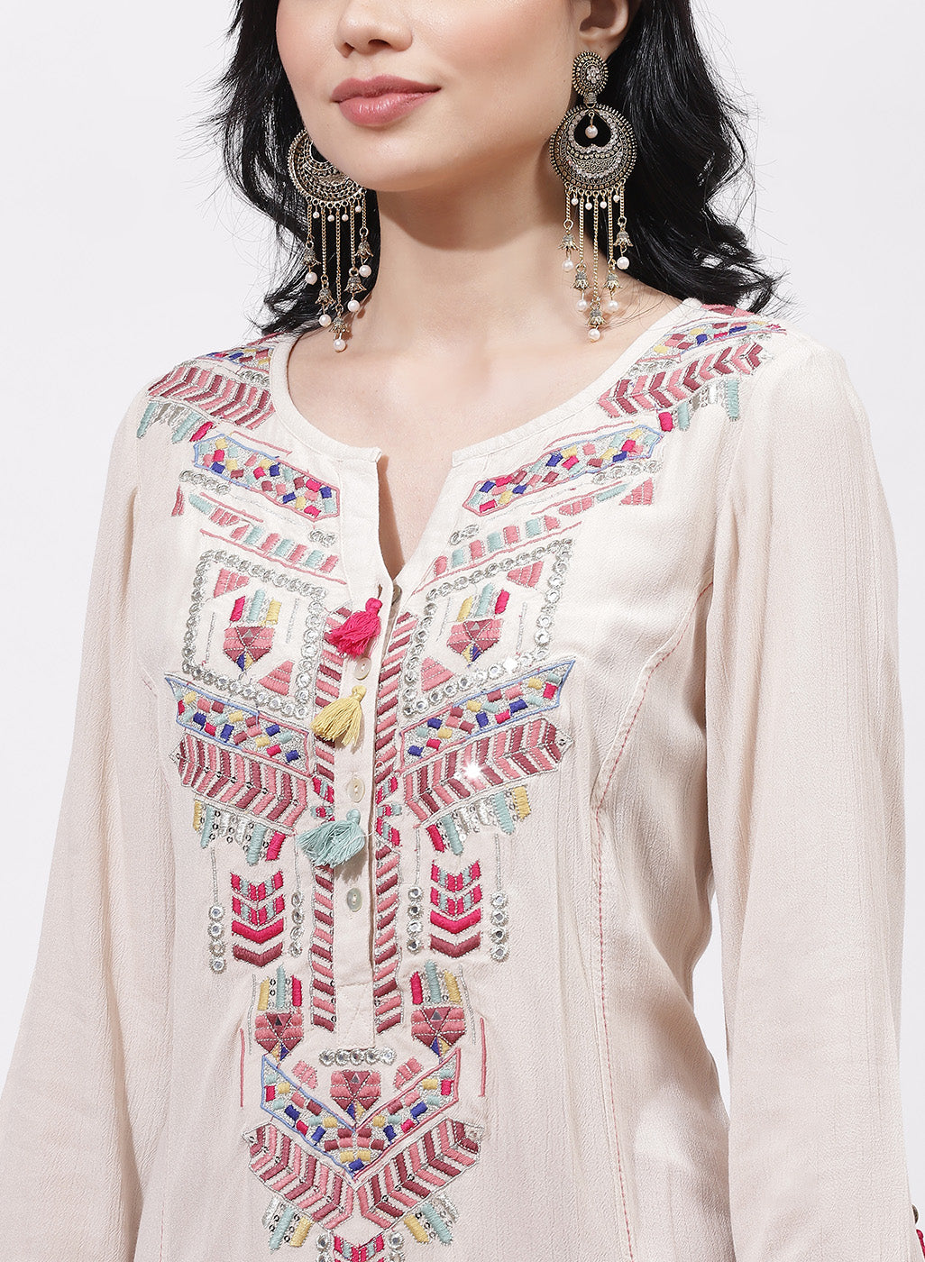 Ivory Alora Embroidered Kurti With Tassels