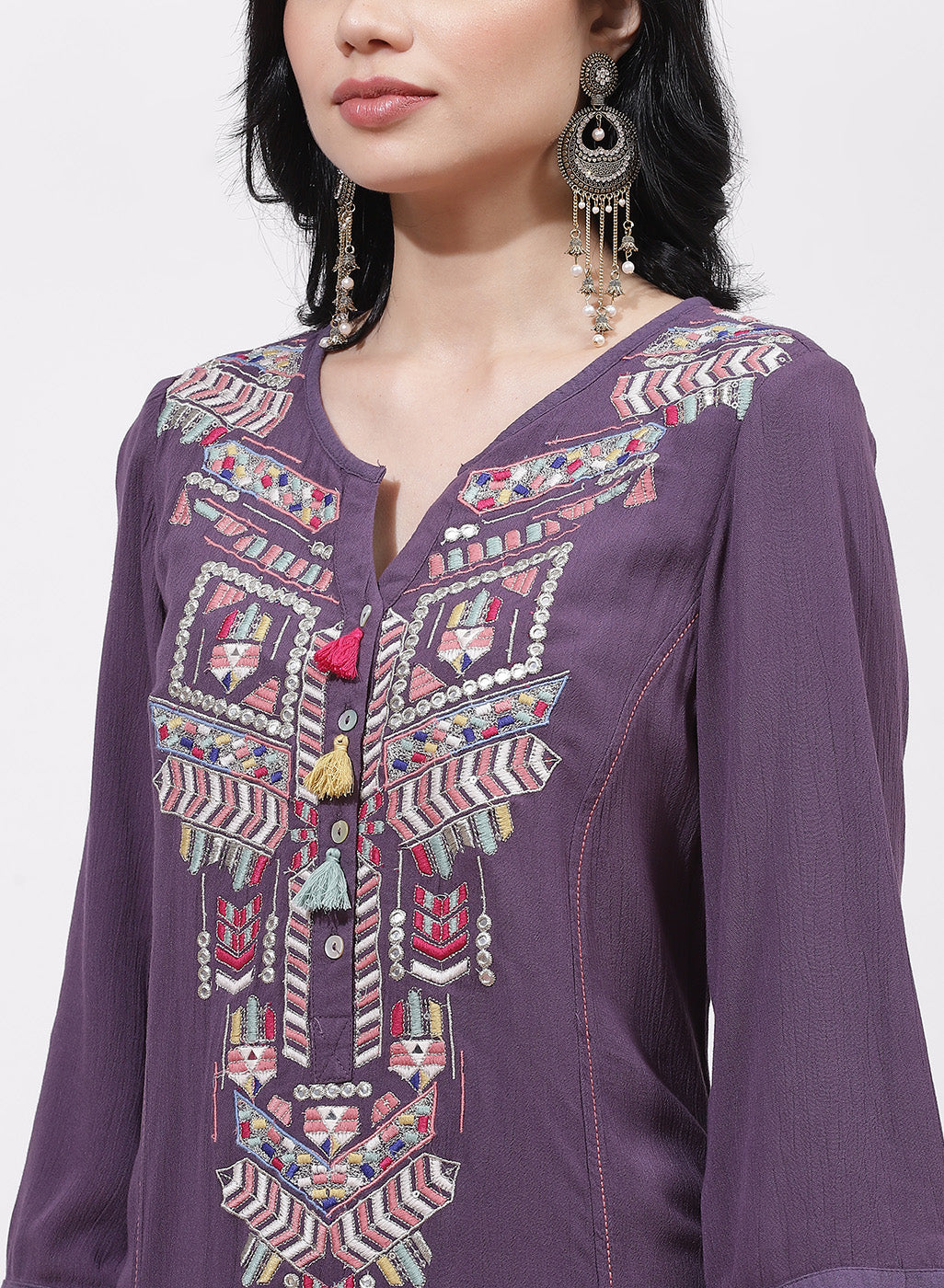 Purple Alora Embroidered Kurti With Tassels