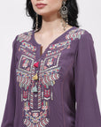 Purple Alora Embroidered Kurti With Tassels
