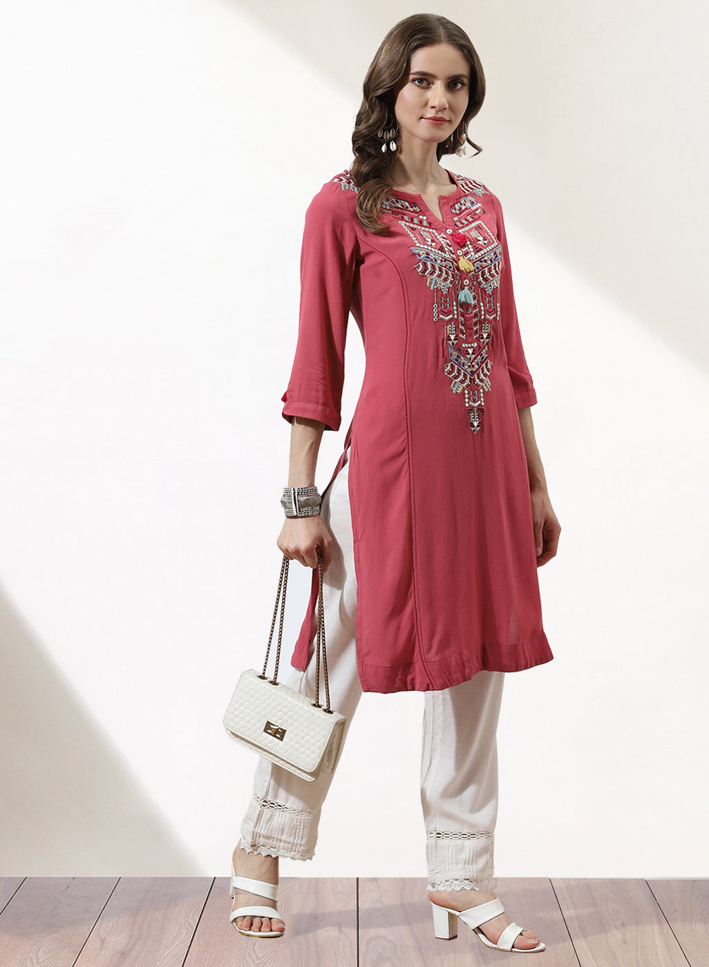 Pink Alora Embroidered Kurti With Tassels