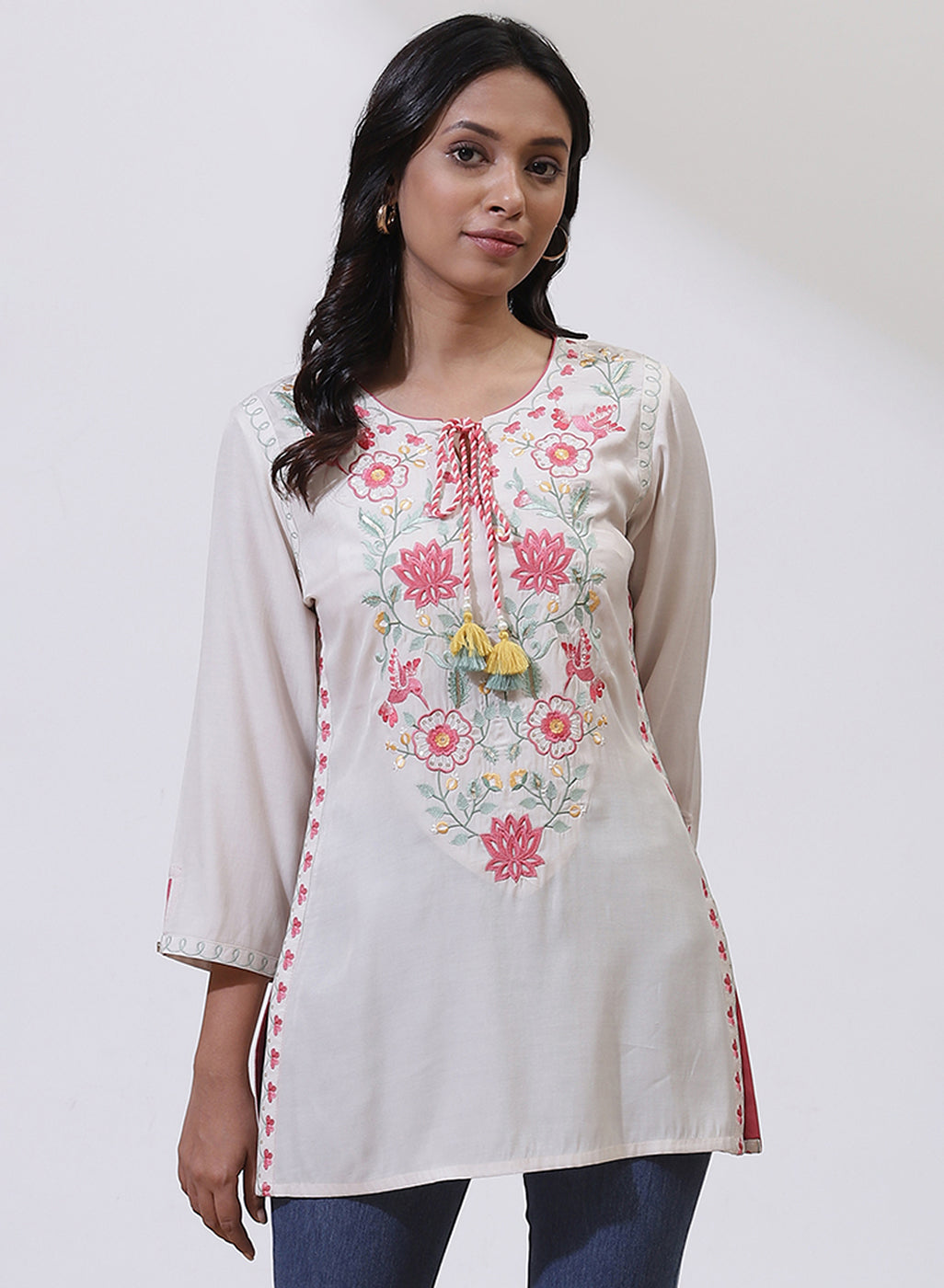 White Phool Collection Kurti With Multi-Colour Embroidery