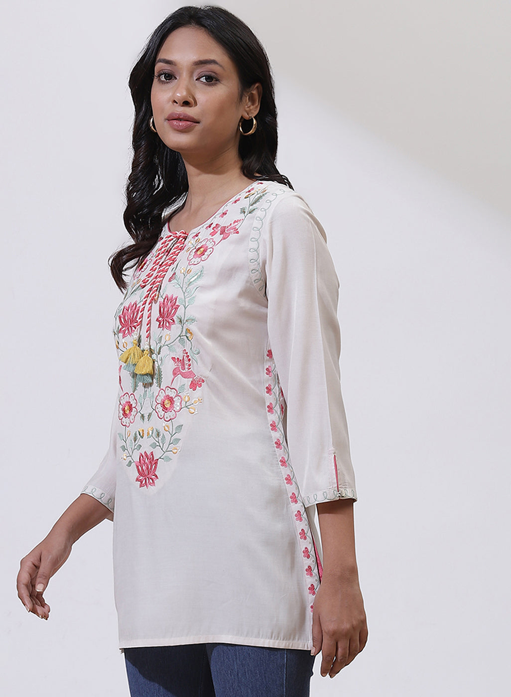 White Phool Collection Kurti With Multi-Colour Embroidery