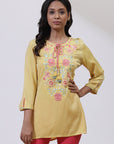 Yellow Phool Collection Kurti With Multi-Colour Embroidery