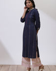 Navy Blue Phool Collection Kurta With Pin-Tuck Detail