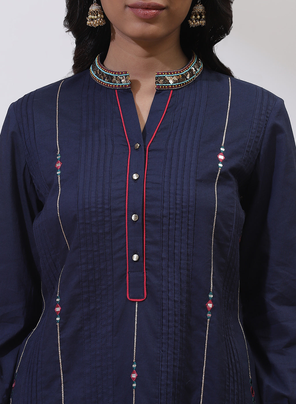 Navy Blue Phool Collection Kurta With Pin-Tuck Detail