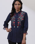 Midnight Blue Floral Embroidered Nargis Shirt with Ruffles