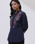 Midnight Blue Floral Embroidered Nargis Shirt with Ruffles