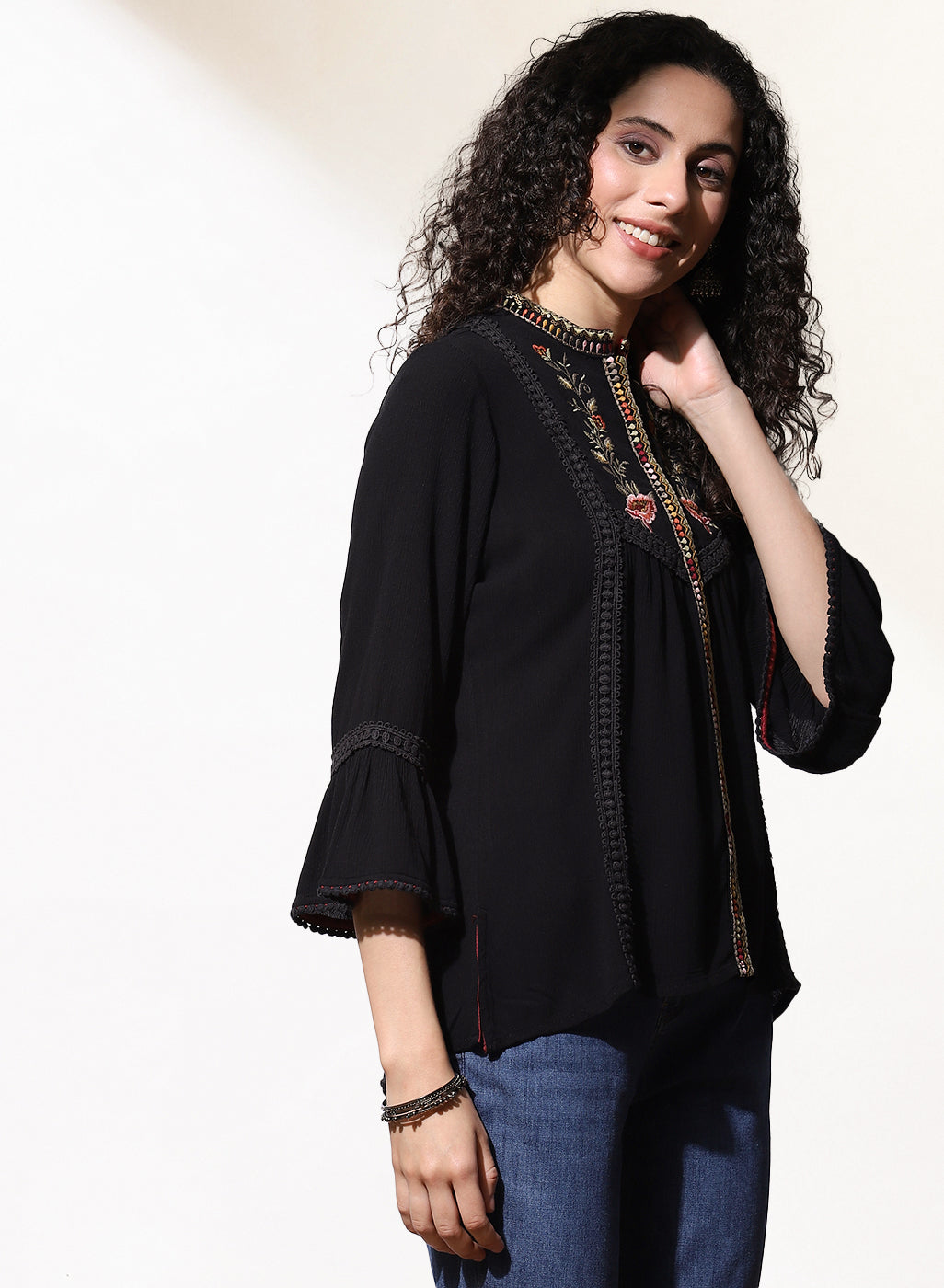Charcoal Black Floral Embroidered Nargis Tunic