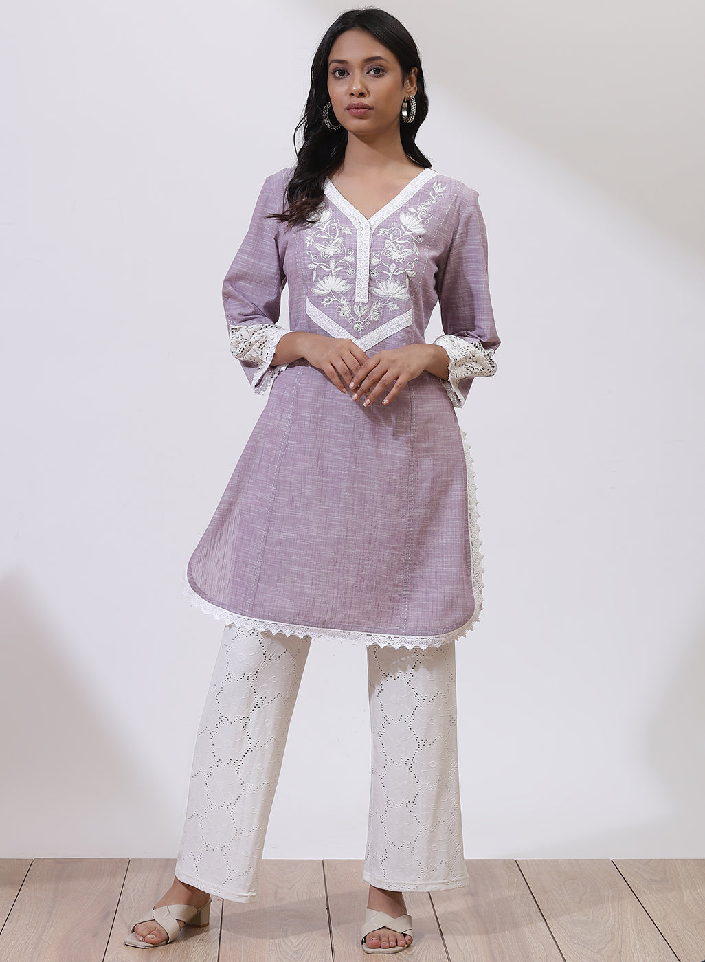 Lilac Embroidered Nargis Kurti with Lace Details